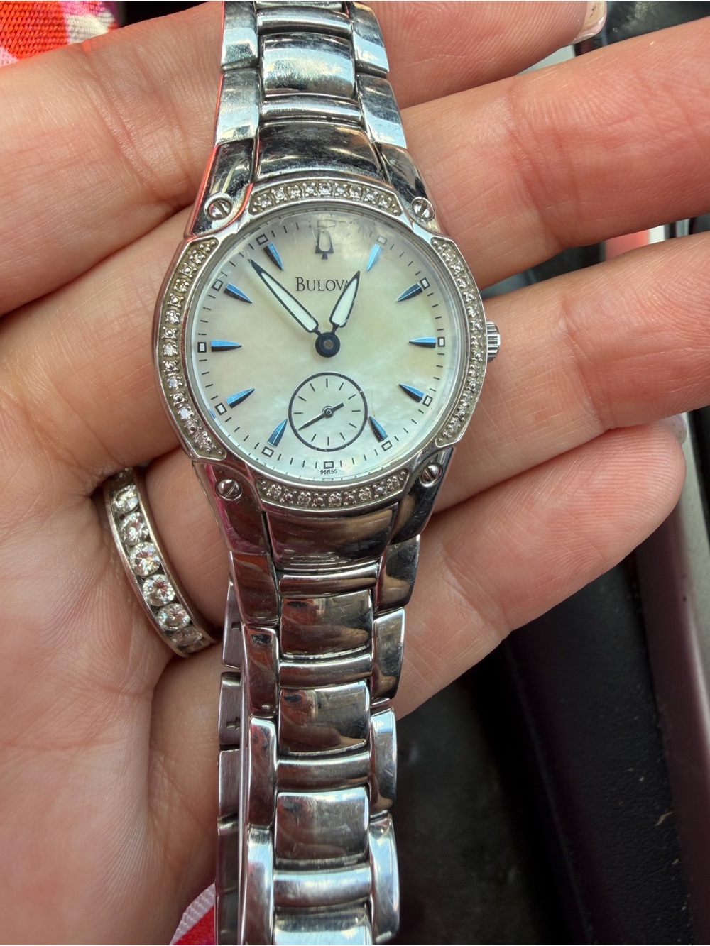Bulova 96R55 24 Diamonds Silver Tone White Mother Pearl Dial Womens Dress Watch